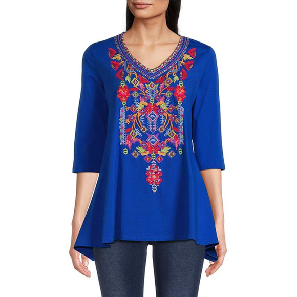 New Calessa Boho Southwestern Embroidered A-Line Tunic Top Shirt Size Small - Picture 1 of 7